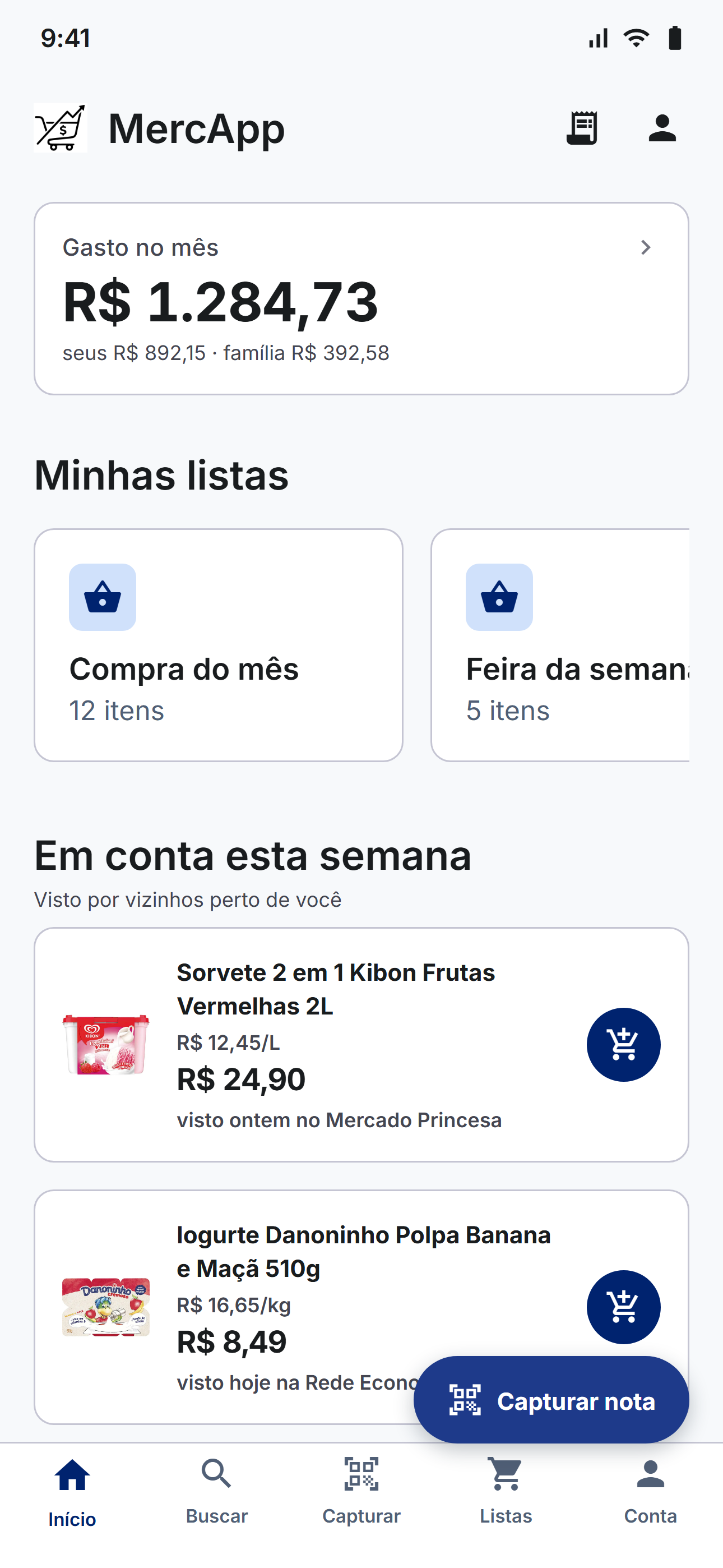 Tela inicial do MercApp com o gasto do mês e listas