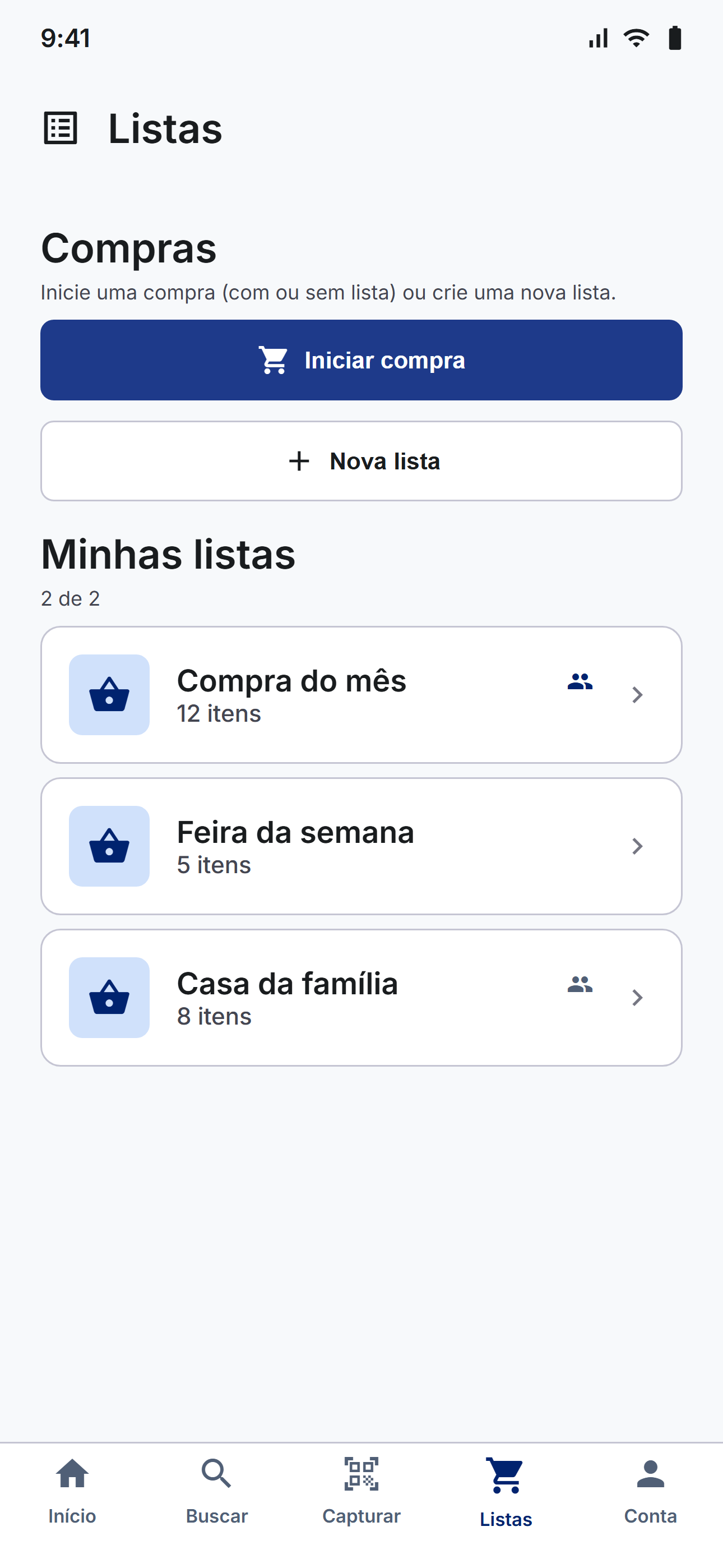 Tela de listas compartilhadas do MercApp