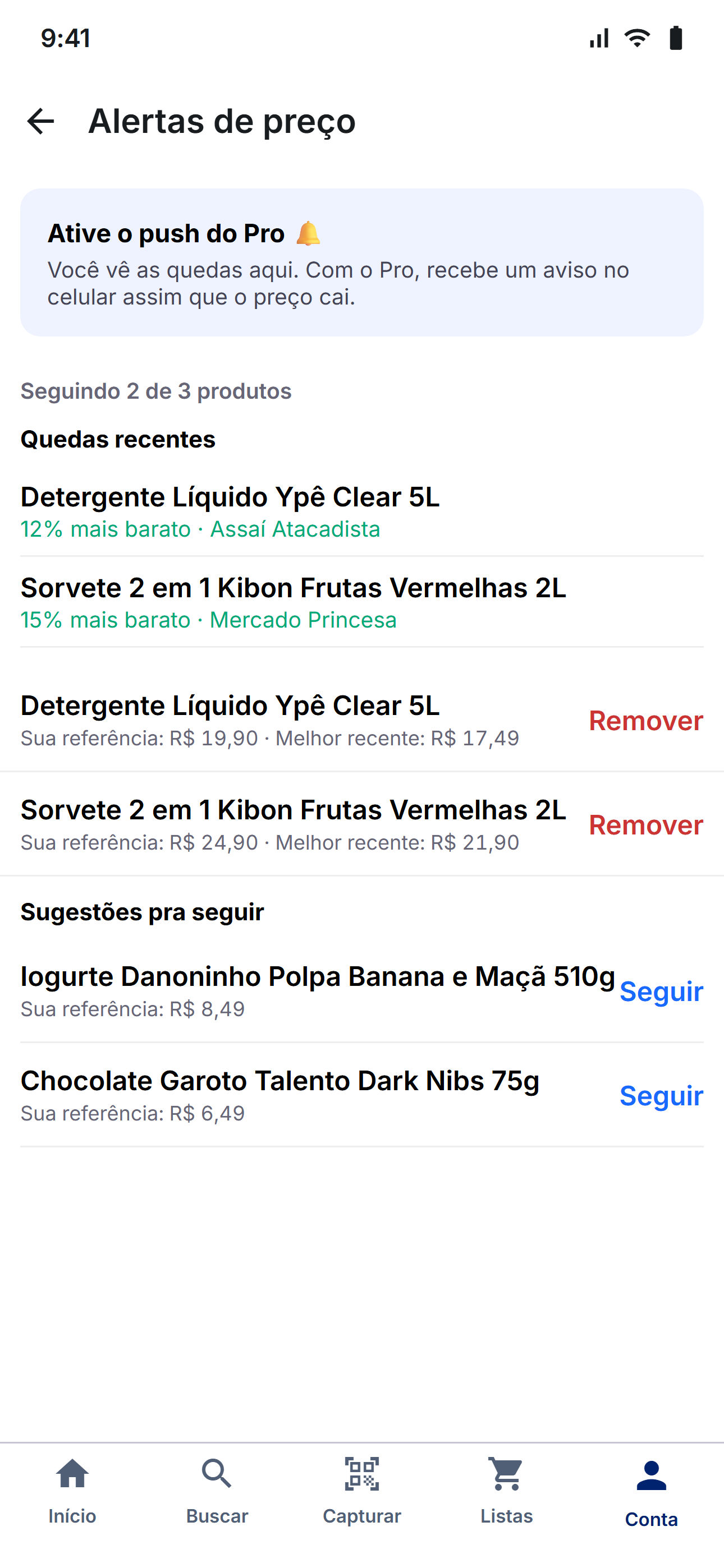 Tela de alertas de preço do MercApp Pro
